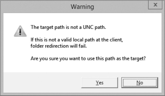 A screenshot of a Warning dialog box because the target path was specified as %OneDriveSync% instead of as a UNC (\\server\share) path.
