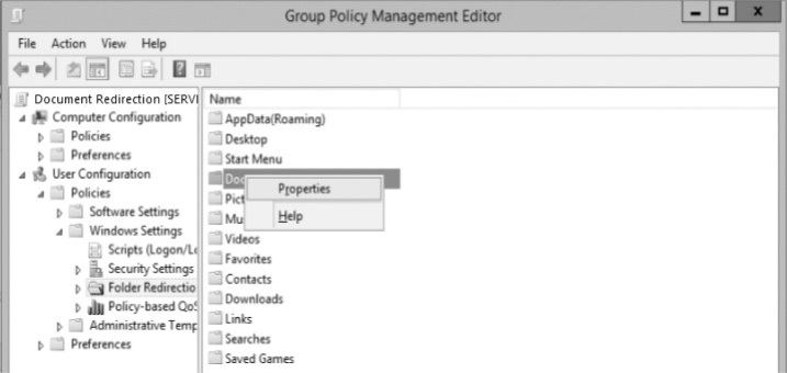 A screenshot shows configuring folder redirection for Documents properties.