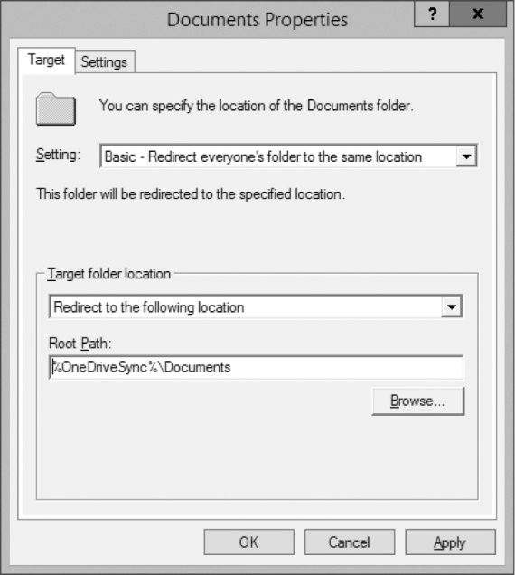 A screenshot shows the Document folder redirection properties.