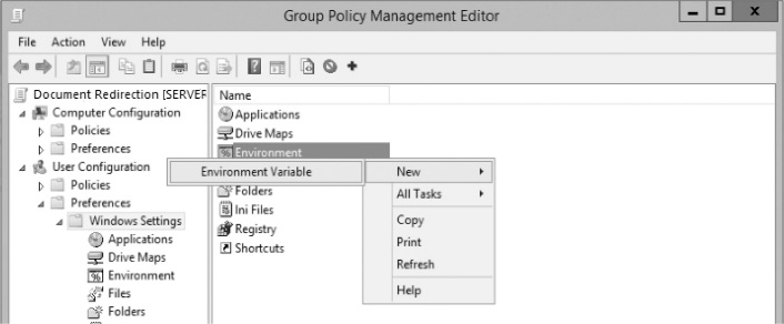 A screenshot shows the new Group Policy object, Environment Variable.