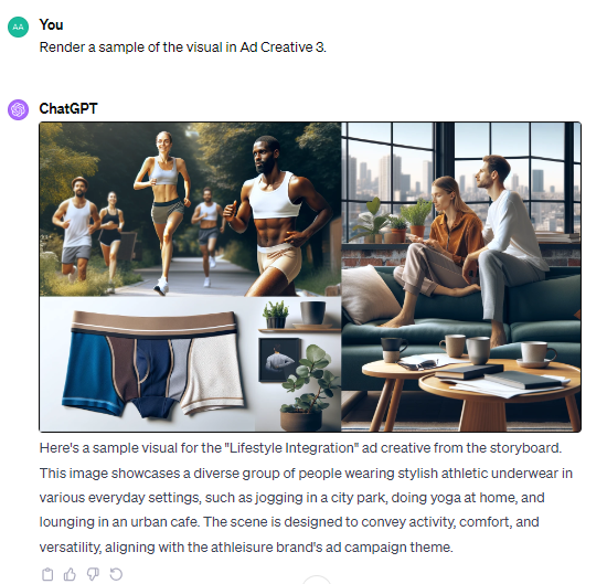 Here's a sample visual for the "Lifestyle Integration" ad creative from the storyboard. This image showcases a diverse group of people wearing stylish athletic underwear in various everyday settings, such as jogging in a city park, doing yoga at home, and lounging in an urban cafe. The scene is designed to convey activity, comfort, and versatility, aligning with the athleisure brand's ad campaign theme.